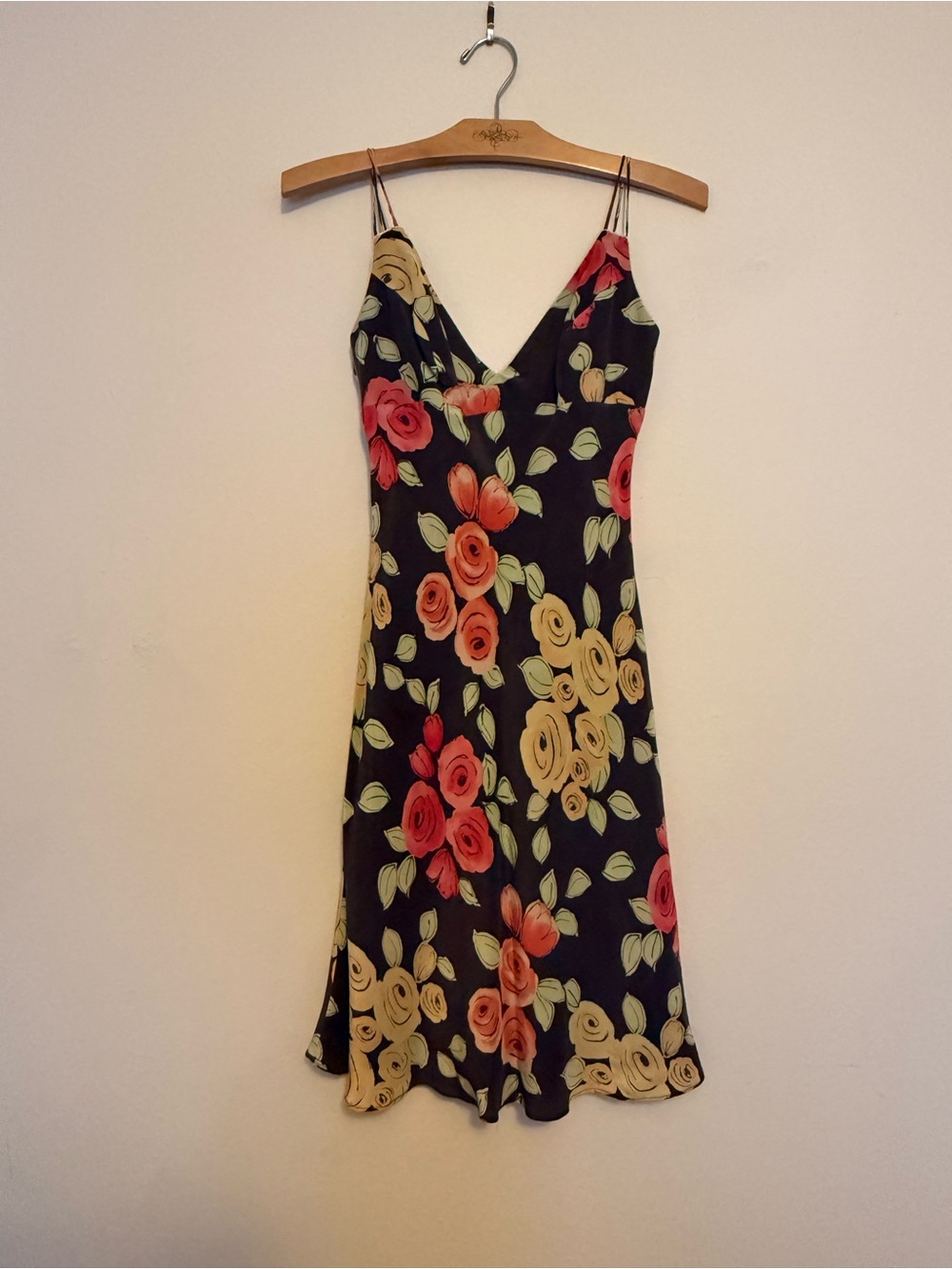 ABS Allen Schwartz Brown Midi Slip Dress with Red & Cream Floral Print
